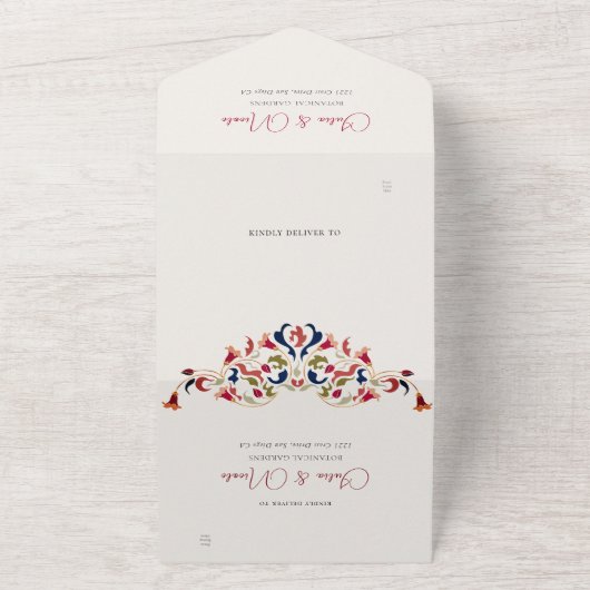 Luxe Artistieke Botanische Bloemen Paisley Wedding All In One Uitnodiging (Buitenkant)