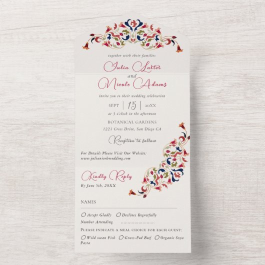 Luxe Artistieke Botanische Bloemen Paisley Wedding All In One Uitnodiging (Binnen)