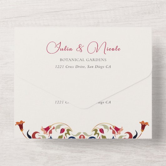 Luxe Artistieke Botanische Bloemen Paisley Wedding All In One Uitnodiging (Achterkant)