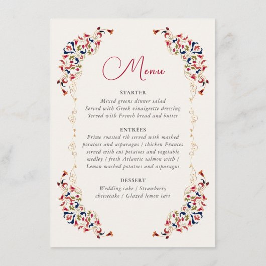 Luxe Artistieke Botanische Bloemen Paisley Wedding Menu (Voorkant)