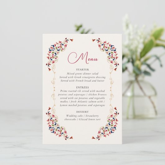 Luxe Artistieke Botanische Bloemen Paisley Wedding Menu (Staand voorkant)