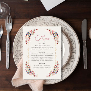 Luxe Artistieke Botanische Bloemen Paisley Wedding Menu