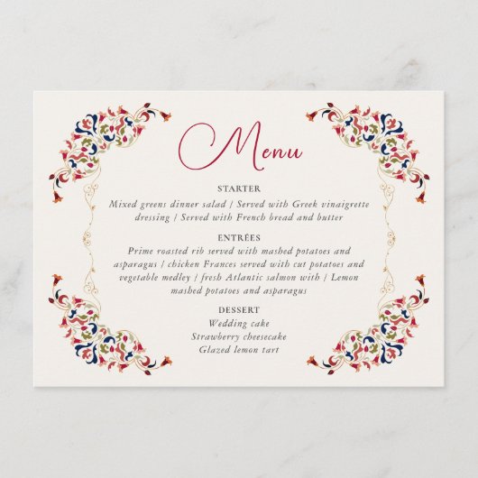 Luxe Artistieke Botanische Bloemen Paisley Wedding Menu (Voorkant)