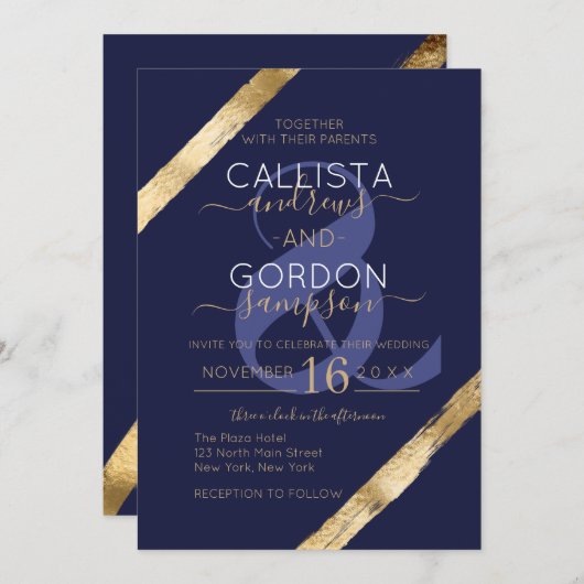 Luxe Artsy Navy Blue Gold Brushstrokes Wedding Kaart (Voorkant / Achterkant)