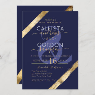 Luxe Artsy Navy Blue Gold Brushstrokes Wedding Kaart