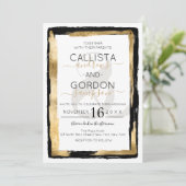 Luxe Artsy Zwart Goud Brushstroke Border Wedding Kaart (Staand voorkant)