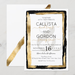 Luxe Artsy Zwart Goud Brushstroke Border Wedding Kaart