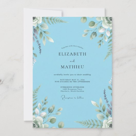 Luxe Azuur Geschilderde Blad Bruiloft Kaart (Voorkant)