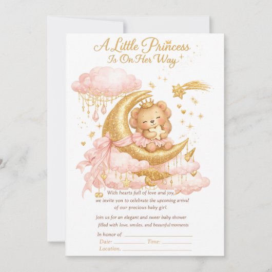 Luxe babyshower uitnodiging meisje Roze Goud Maan (Voorkant)