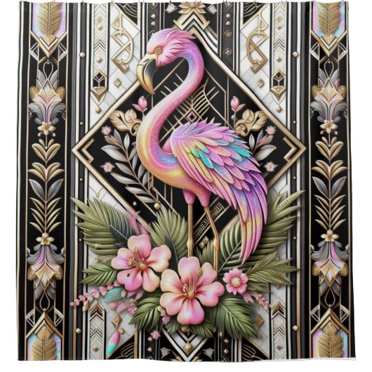 Luxe Badkamer | Art Deco Flamingo Douchegordijn (Voorkant)