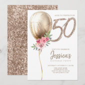 Luxe Ballon Beige Glitter 50e verjaardag Kaart (Voorkant / Achterkant)