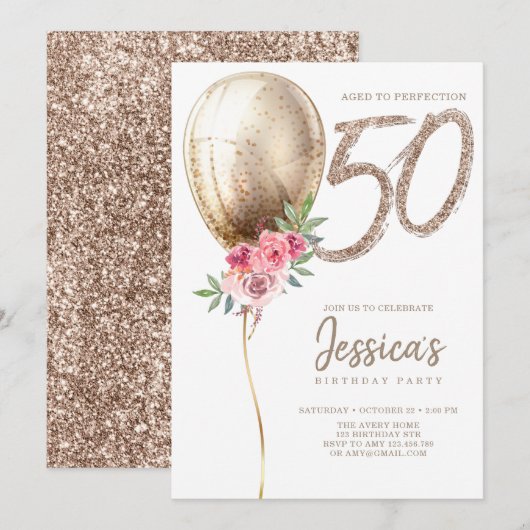 Luxe Ballon Beige Glitter 50e verjaardag Kaart (Voorkant / Achterkant)