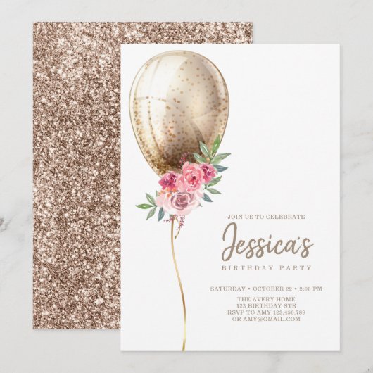 Luxe Ballon Beige Glitter Verjaardagsuitnodiging Kaart (Voorkant / Achterkant)