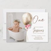 Luxe ballon glitter eerste verjaardag foto kaart (Voorkant)