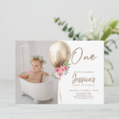 Luxe ballon glitter eerste verjaardag foto kaart (Staand voorkant)