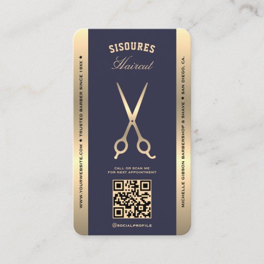 Luxe Barber Navy Gold Barbershop Loyalty Kaart Visitekaartje (Voorkant)