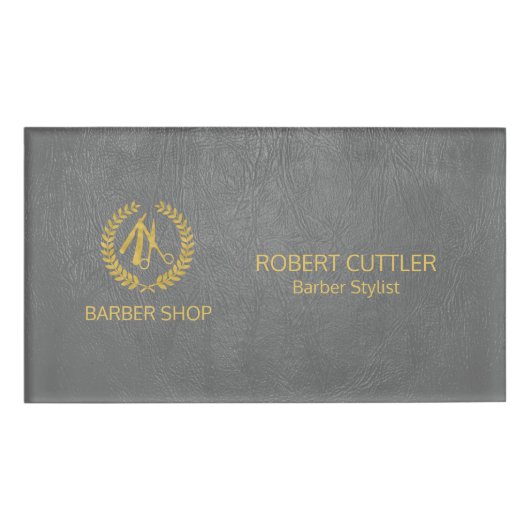 Luxe barber-winkel donkergrijs leder ziet er goudk naambadge (Voorkant)