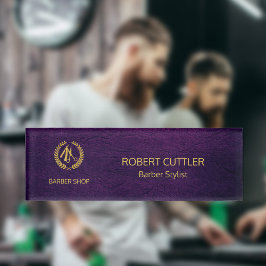 Luxe barber-winkel paars leder ziet er goudkleurig naambadge