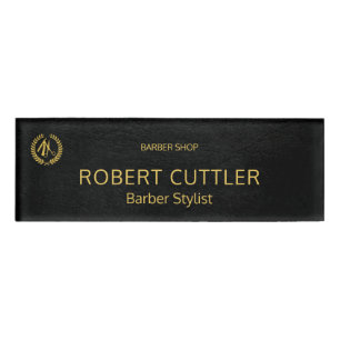 Luxe barber-winkel zwart leder ziet er goudbruin u naambadge