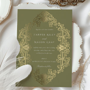 Luxe Barok Goud Salie Groene Trouw Folie Uitnodiging