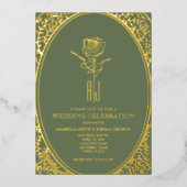 Luxe barok groen en gouden bruiloft folie uitnodiging (Voorkant)