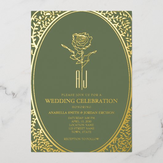 Luxe barok groen en gouden bruiloft folie uitnodiging (Voorkant)