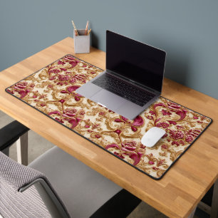 Luxe Barokke Bloemmotief Goud en Burgundy Bureaumat