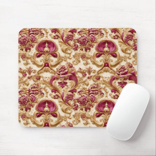 Luxe Barokke Bloemmotief Goud en Burgundy Muismat