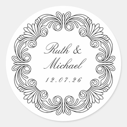 Luxe Barokke Scroll Trouwnaam & Datum Ronde Sticker (Voorkant)