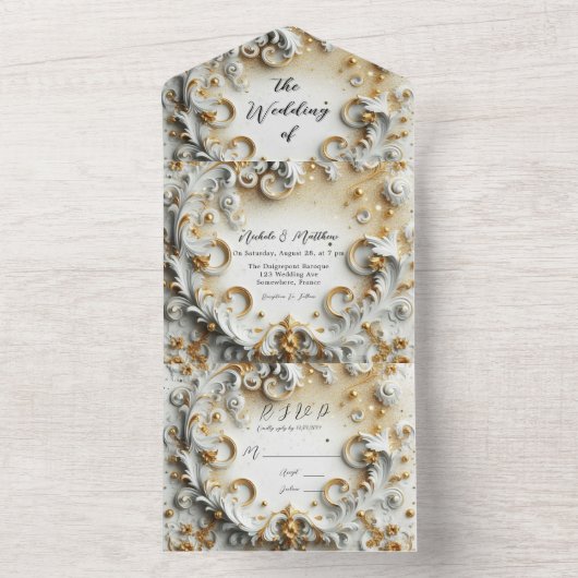 Luxe Barokke Stijl Wit Goud Huwelijk All In One Uitnodiging (Binnen)
