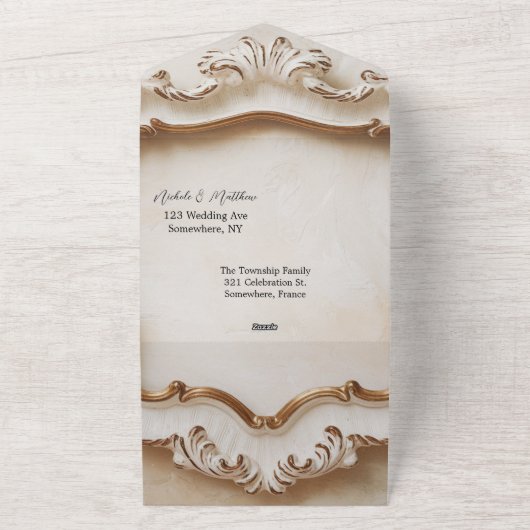 Luxe Barokke Stijl Wit Goud Huwelijk All In One Uitnodiging (Buitenkant)