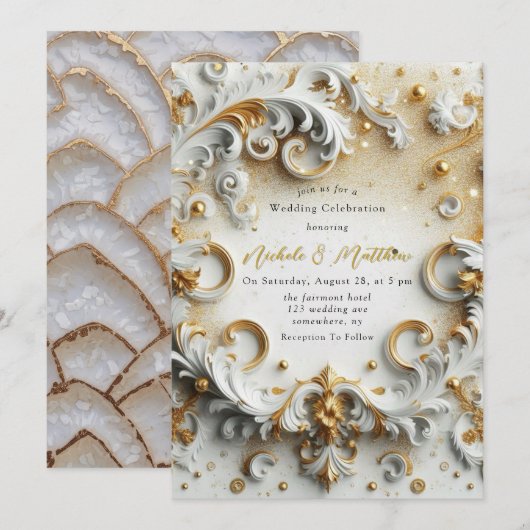 Luxe Barokke Stijl Wit Goud Huwelijk Kaart (Voorkant / Achterkant)