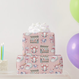 Luxe Baseball Meisje Verjaardag Licht Roze Cadeaupapier