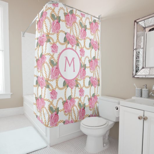 Luxe Bath Curtains - Luxe Chains roze Roses Douchegordijn (In situ)