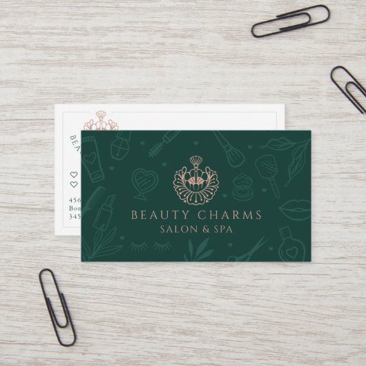 Luxe Beauty Charms Groene & Roze Make-up Logo Visitekaartje (Voorkant / Achterkant in situ)