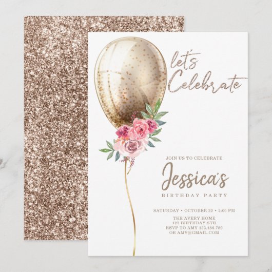 Luxe Beige Ballon Glitter Verjaardagsuitnodiging Kaart (Voorkant / Achterkant)