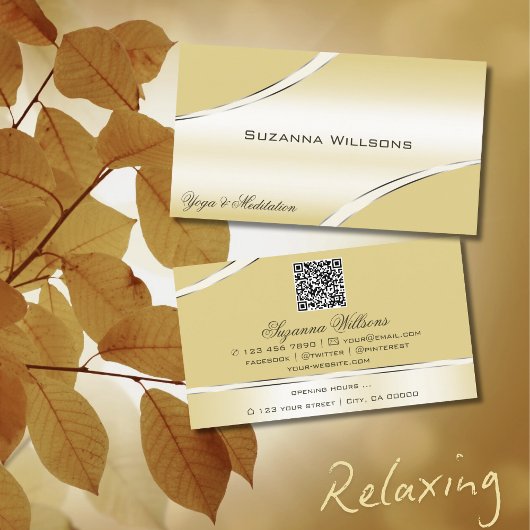 Luxe Beige Cream Curved Decor Lines met QR-code Visitekaartje