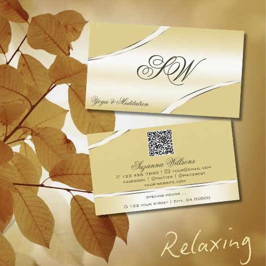 Luxe Beige Cream Curved Lines Monogram QR-code Visitekaartje