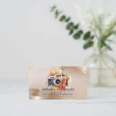 Luxe beige en gouden linten | Bloemen Camera Visitekaartje (Staand voorkant)