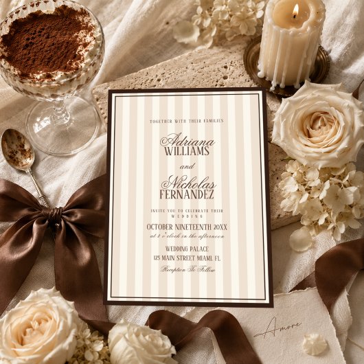 Luxe Beige Espresso Strepen Bruiloft Kaart