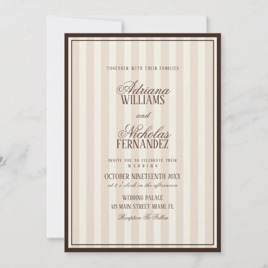 Luxe Beige Espresso Strepen Bruiloft Kaart (Voorkant)