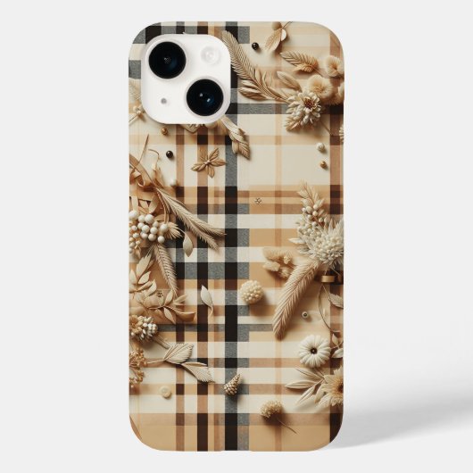 Luxe Beige Plaid Hoesje met Gesneden Herfst Bloeme (Achterkant)