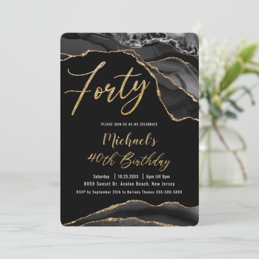 Luxe Black Agate Marble Gold Glitter 40th Birthday Kaart (Staand voorkant)