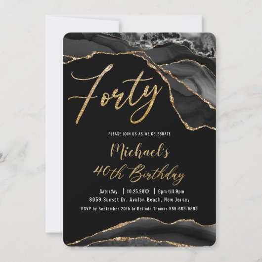 Luxe Black Agate Marble Gold Glitter 40th Birthday Kaart (Voorkant)