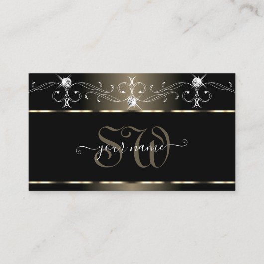 Luxe Black Beige Squiggles Sparkle Jewels Initiale Visitekaartje (Voorkant)