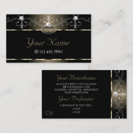 Luxe Black Beige Squiggles Sparkle Jewels Monogram Visitekaartje