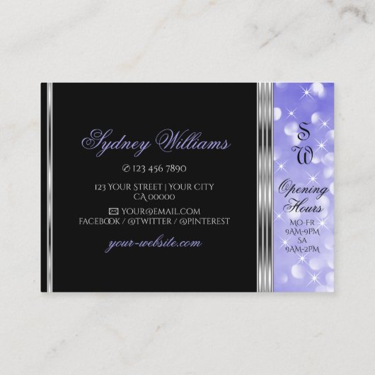 Luxe Black Bright Blue Glitter Monogram Silver Visitekaartje (Achterkant)