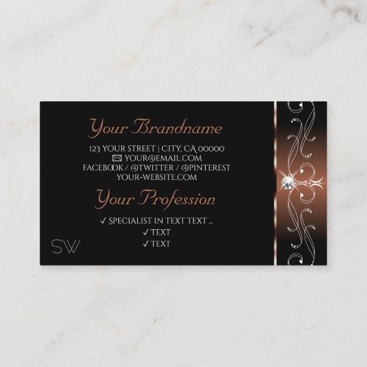 Luxe Black Brown Squiggles Sparkle Jewels Monogram Visitekaartje (Achterkant)
