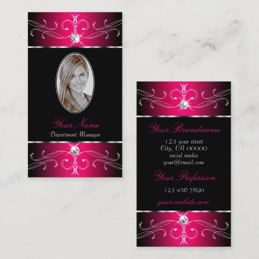 Luxe Black en Roze  Ornamenten met foto Visitekaartje (Voorkant / Achterkant)