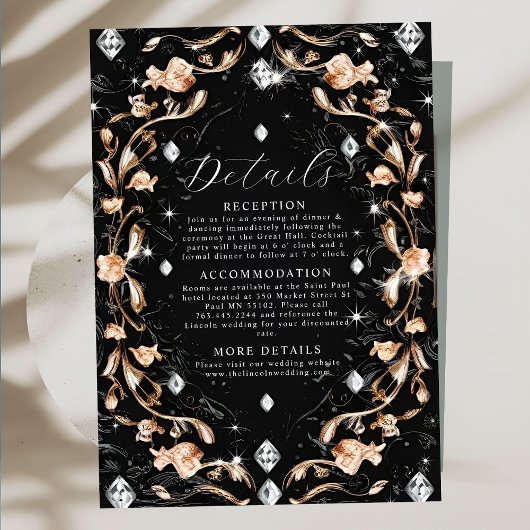 Luxe Black Floral Diamonds Wedding Informatiekaartje